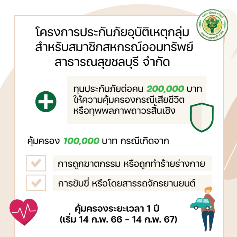 ประกาศ เรื่อง โครงการประกันภัยอุบัติเหตุกลุ่ม สำหรับสมาชิกสหกรณ์ออมทรัพย์สาธารณสุขชลบุรี จำกัด